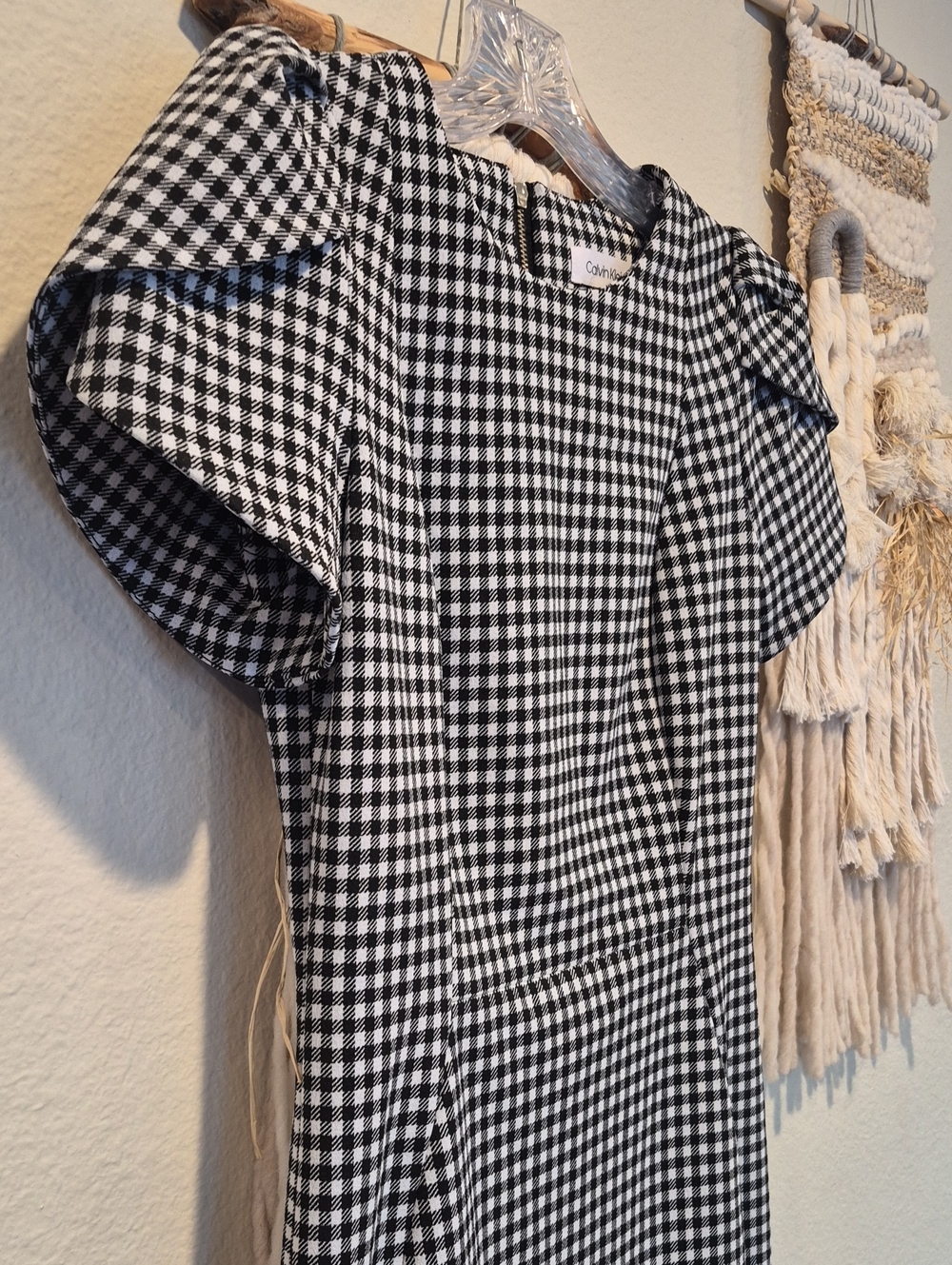 Calvin Klein Black & White Gingham Check Short Tulip Sleeve Sheath Midi Dress 2 - Picture 2 of 11